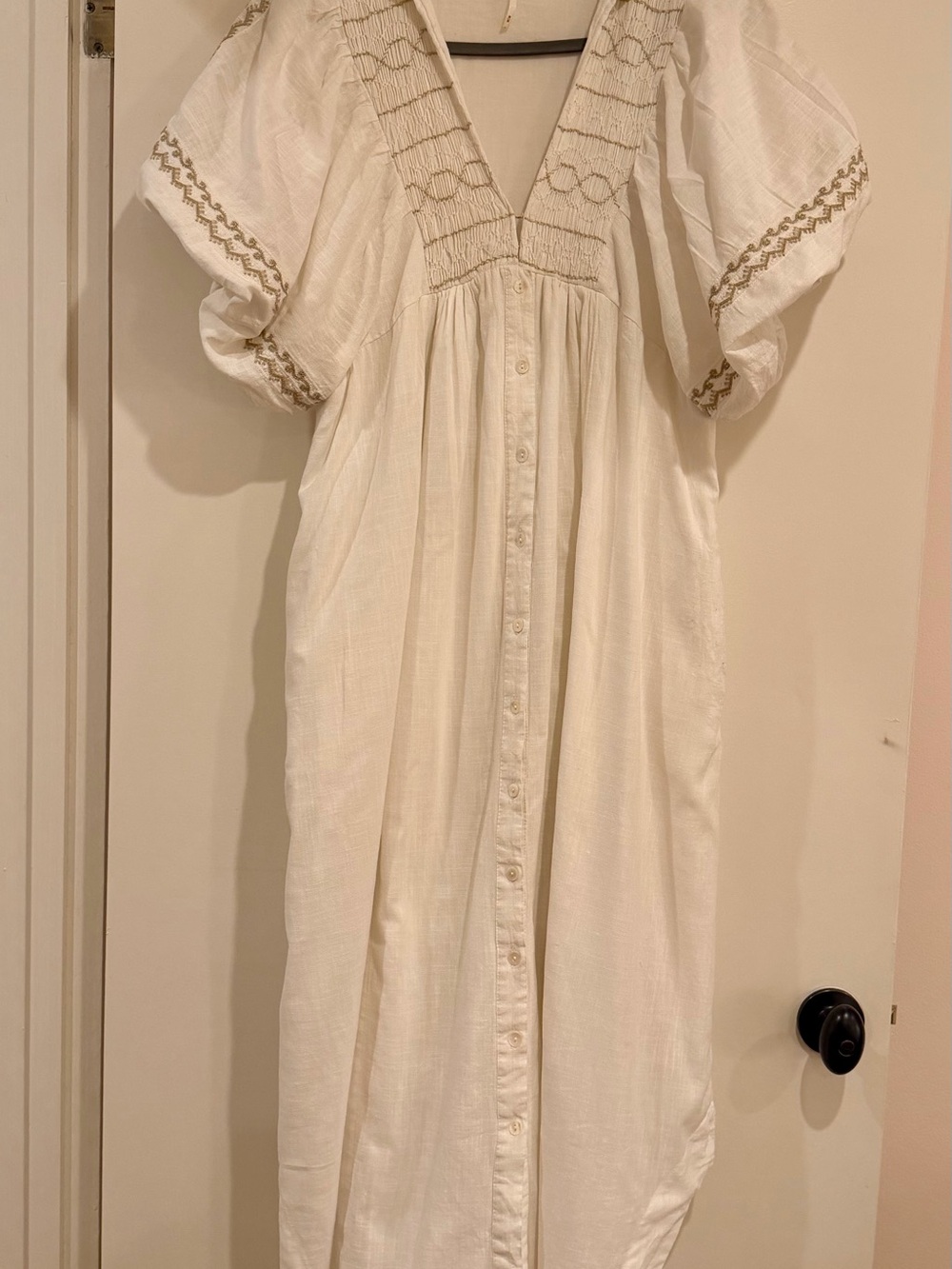 Free People Samantha Dress White Gauze with Embroidered Sleeves Size M